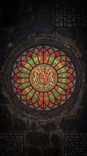 Glowing Stained Glass Crest in Stone Floor