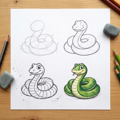 Four Step Cartoon Snake Drawing Tutorial