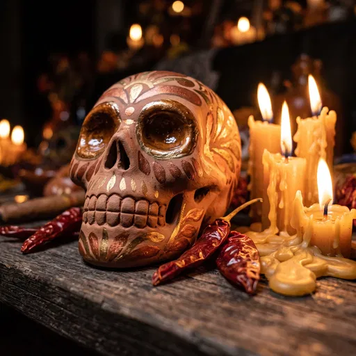 Terracotta Sugar Skull with Candles and Chilies