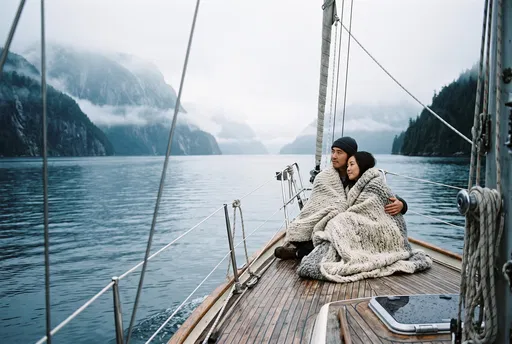 Couple Wrapped in Blanket on Sailboat