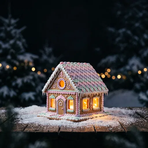 Glowing Pastel Gingerbread House at Night