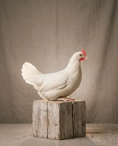 White Chicken Portrait on Wooden Block
