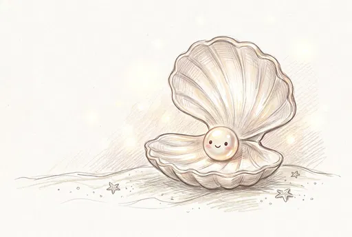 Cute Smiling Pearl in Open Seashell Sketch