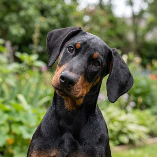 Curious Doberman Puppy Portrait in Garden