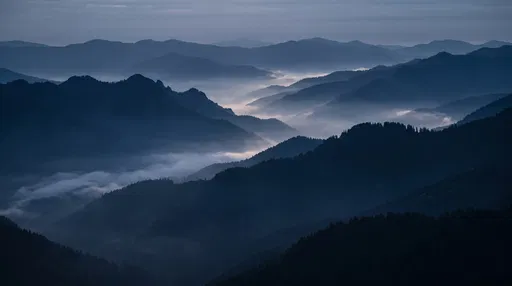 Misty Dark Blue Mountain Ridges at Dusk