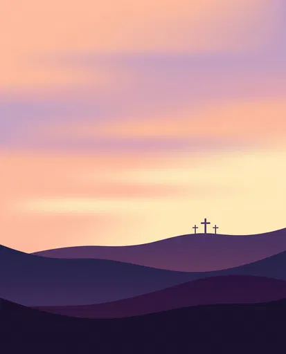 Three Crosses on Hill at Pastel Sunset