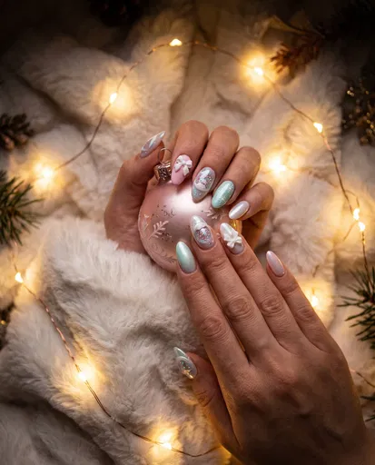 Festive Pastel Manicure Holding Pink Bauble