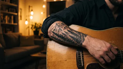 Man With Forest Tattoo Playing Guitar