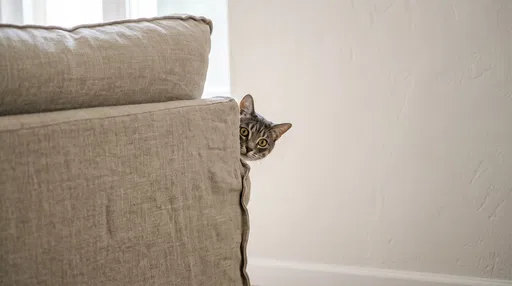 Gray Tabby Cat Peeking Behind Sofa