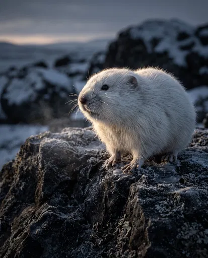 White Arctic Lemming on Frosty Rock