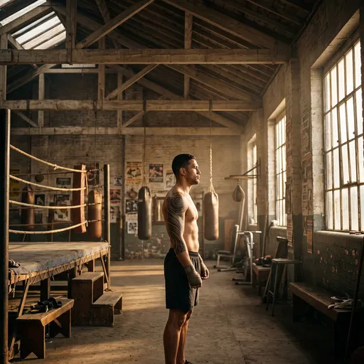 Tattooed Boxer Standing in Rustic Gym