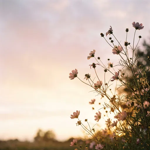 Cosmos Wildflowers Against Pastel Sunset Sky