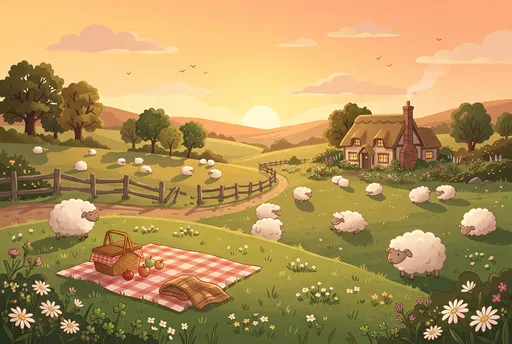 Cottagecore Meadow Sunset Picnic Illustration