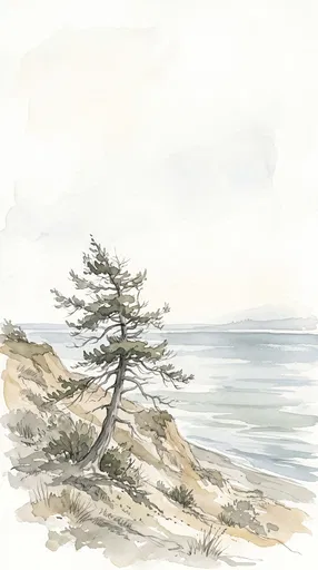 Watercolor Coastal Bluff With Lone Tree