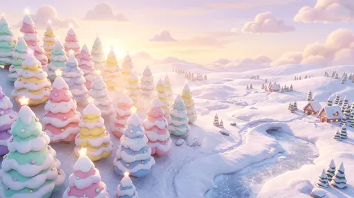 Pastel Cartoon Christmas Trees in Winter Wonderland