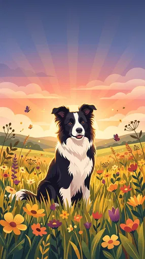 Border Collie in Sunset Wildflower Meadow