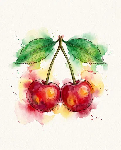 Watercolor Red Cherries With Green Leaves