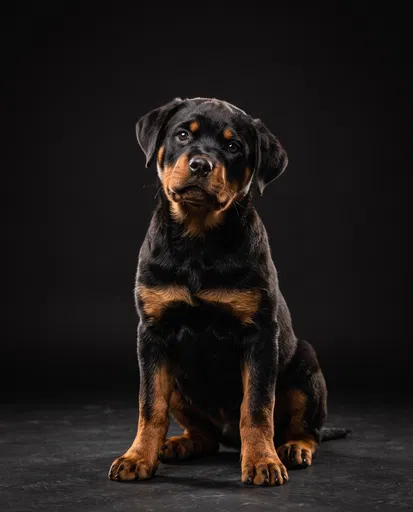 Rottweiler Puppy Portrait on Black Background