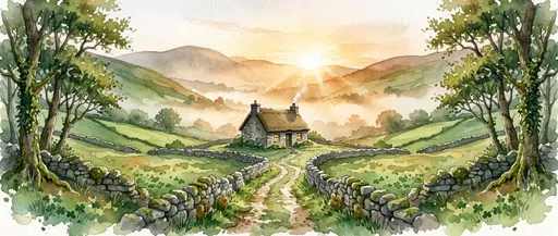 Watercolor Irish Cottage in Valley at Sunrise