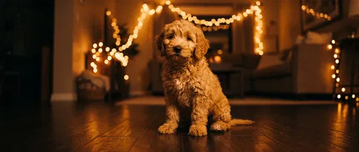 Goldendoodle Puppy Sitting by Warm String Lights