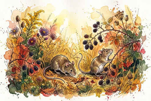 Watercolor Field Rats Among Autumn Blackberries