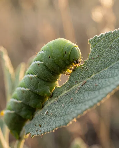 Green Sphinx Caterpillar Feeding on Leaf