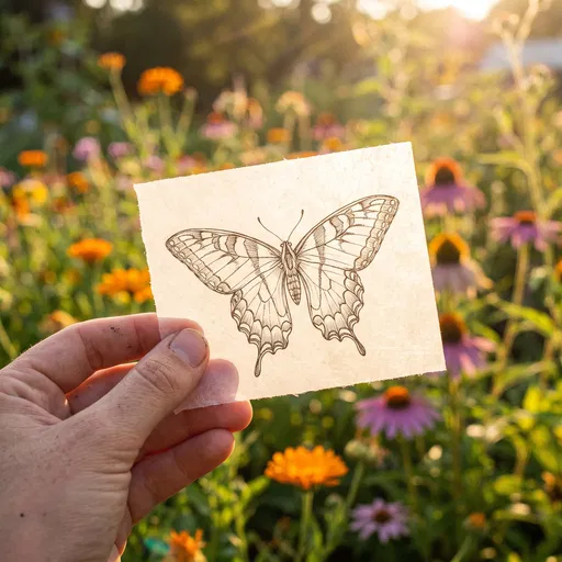 Hand Holding Butterfly Sketch in Garden