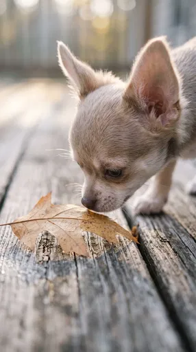Chihuahua Puppy Sniffing Autumn Oak Leaf