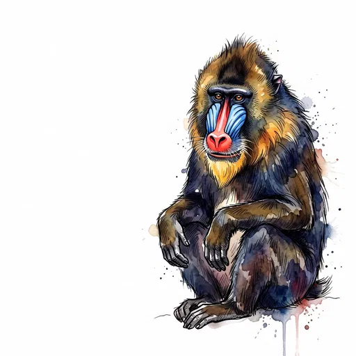 Watercolor and Ink Seated Mandrill Illustration