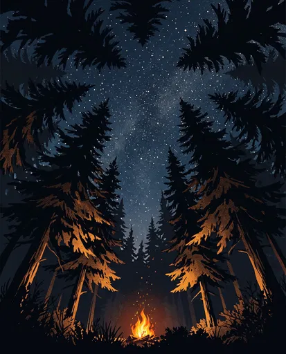 Campfire Under Starry Pine Forest Sky