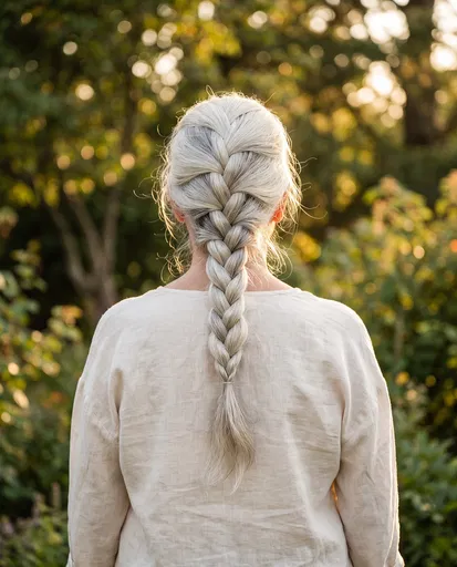 Woman With Silver French Braid Outdoors