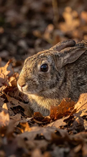 Wild Rabbit Crouching in Autumn Leaves