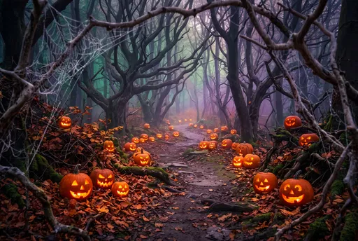 Glowing Jack-O'-Lanterns Along Enchanted Woodland Path
