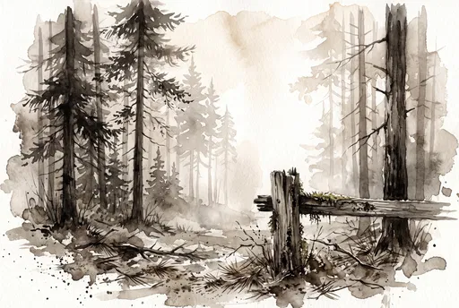 Sepia Watercolor Foggy Pine Forest Illustration