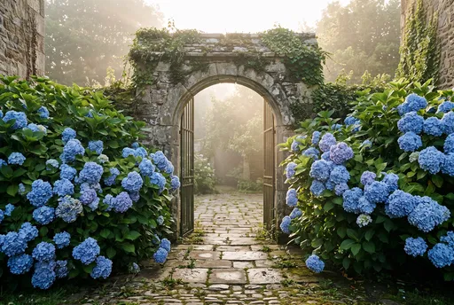 Stone Garden Archway with Blue Hydrangeas