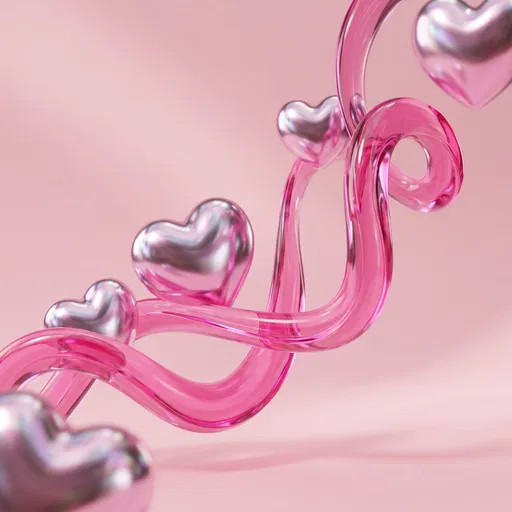 3D Chrome Pink Hearts and Glass Ribbon