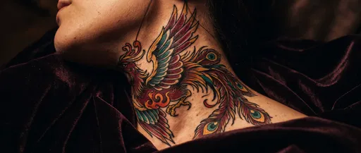 Vibrant Neo-Traditional Phoenix Neck Tattoo Close-Up