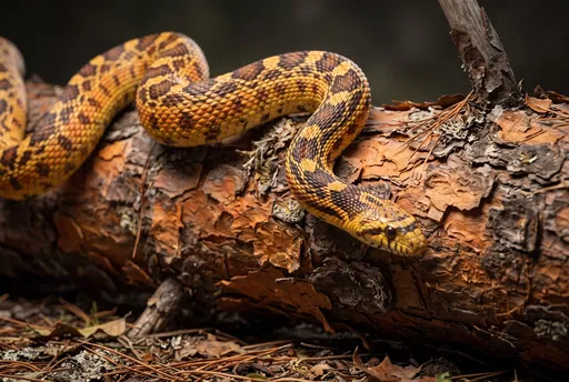 Bull Snake Climbing Over Pine Log