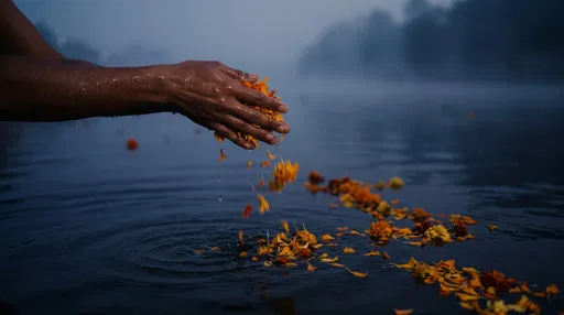 Hands Scattering Marigold Petals on River