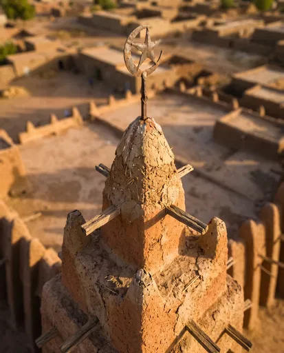 Mud-Brick Mosque Pinnacle With Metal Crescent
