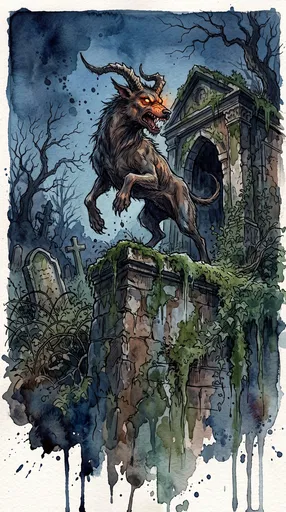 Horned Demon Hound on Cemetery Crypt