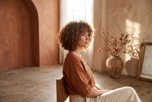 Woman With Curly Bob in Terracotta Studio