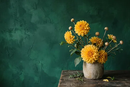 Yellow Dahlias in Vase Against Green Wall