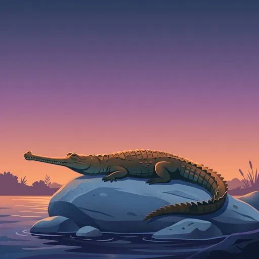 Gharial Resting on River Boulder at Sunset