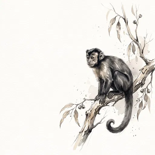Watercolor Capuchin Monkey on Eucalyptus Branch