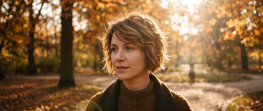 Woman With Short Hair in Autumn Park