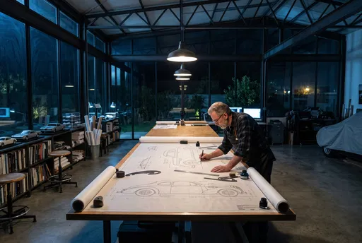 Senior Designer Drafting Car Blueprints at Night
