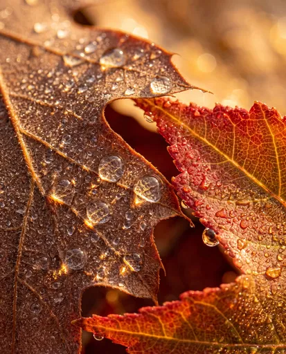 Macro Close-Up of Dewy Autumn Leaves