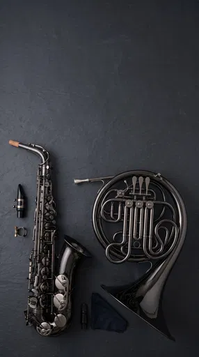 Black Saxophone and French Horn Flatlay