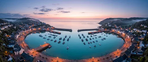 Panoramic Coastal Harbor Village at Dawn
